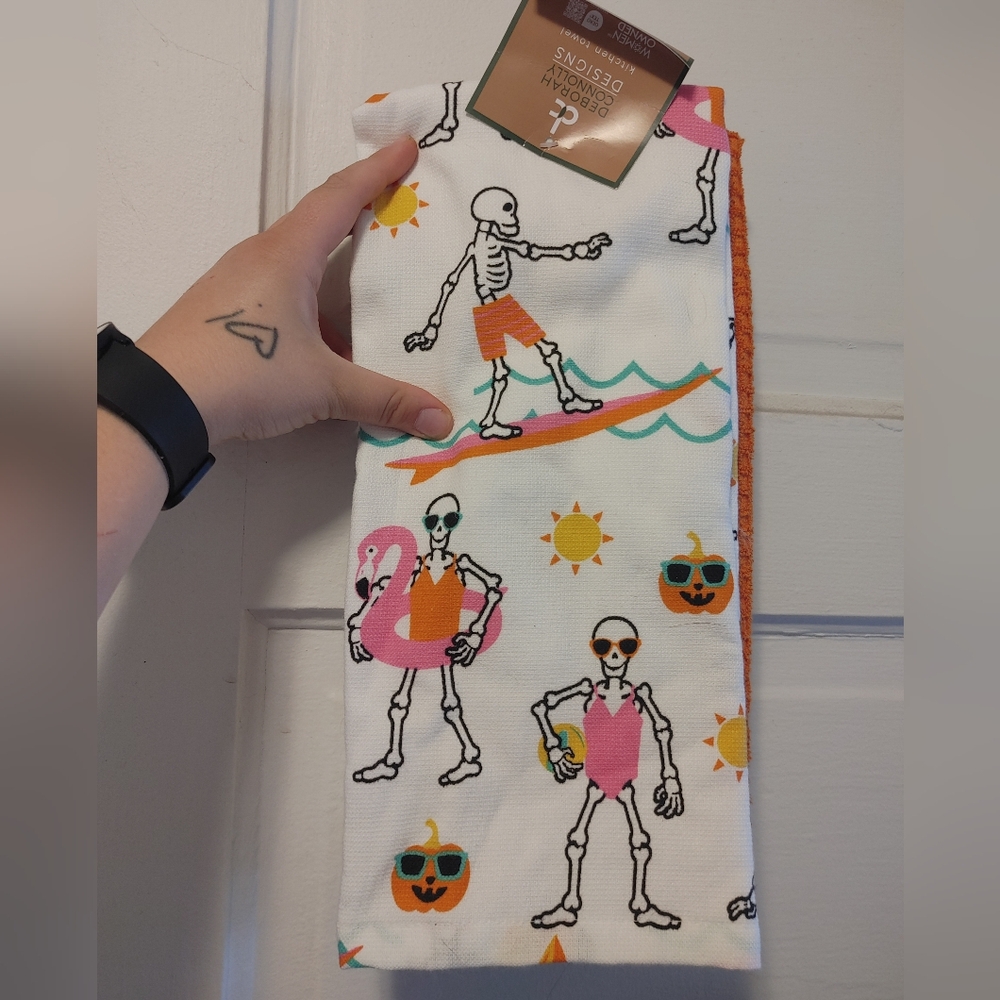 Summerween, Skeleton Surfing, Summer Halloween Kitchen towels, Flamingo Floatie
